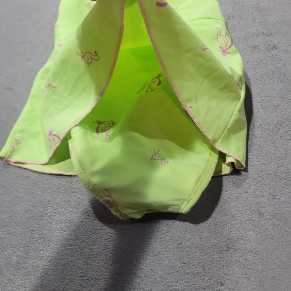 Baby Buns Swim Dress Girls Lime Green‎ Flamingo Print Ruffle Trim Tropical